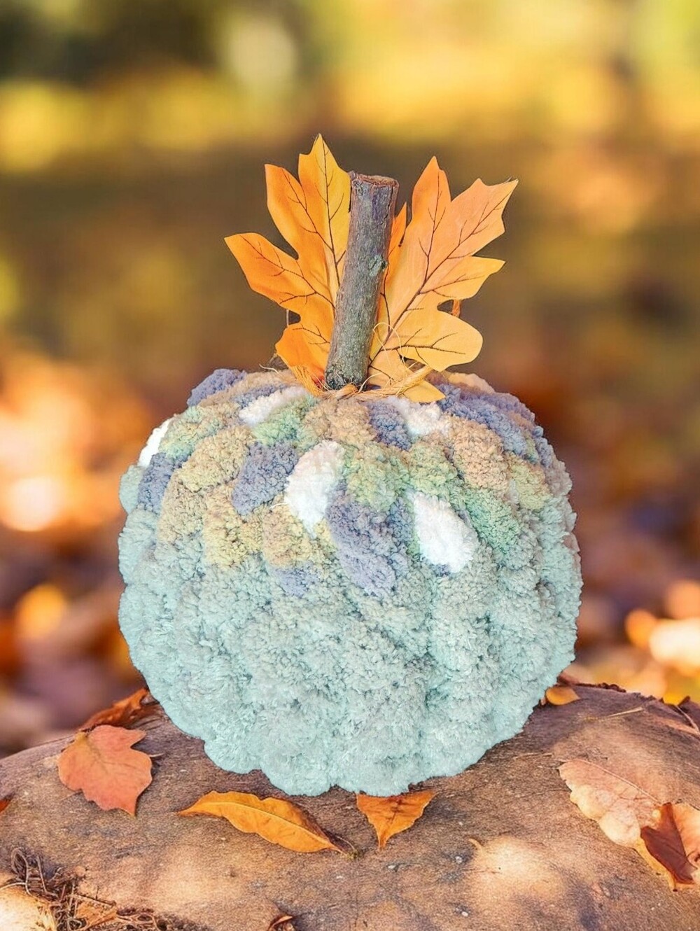 Handcrafted Plush Chenille Yarn Fall Pumpkin - Soft Teal and Pastel Accents